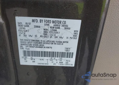 2008 Ford F-150 60Th Anniversary/Fx2/Xl/Xlt from USA, damaged, VIN 1FTRW12W88FA10670